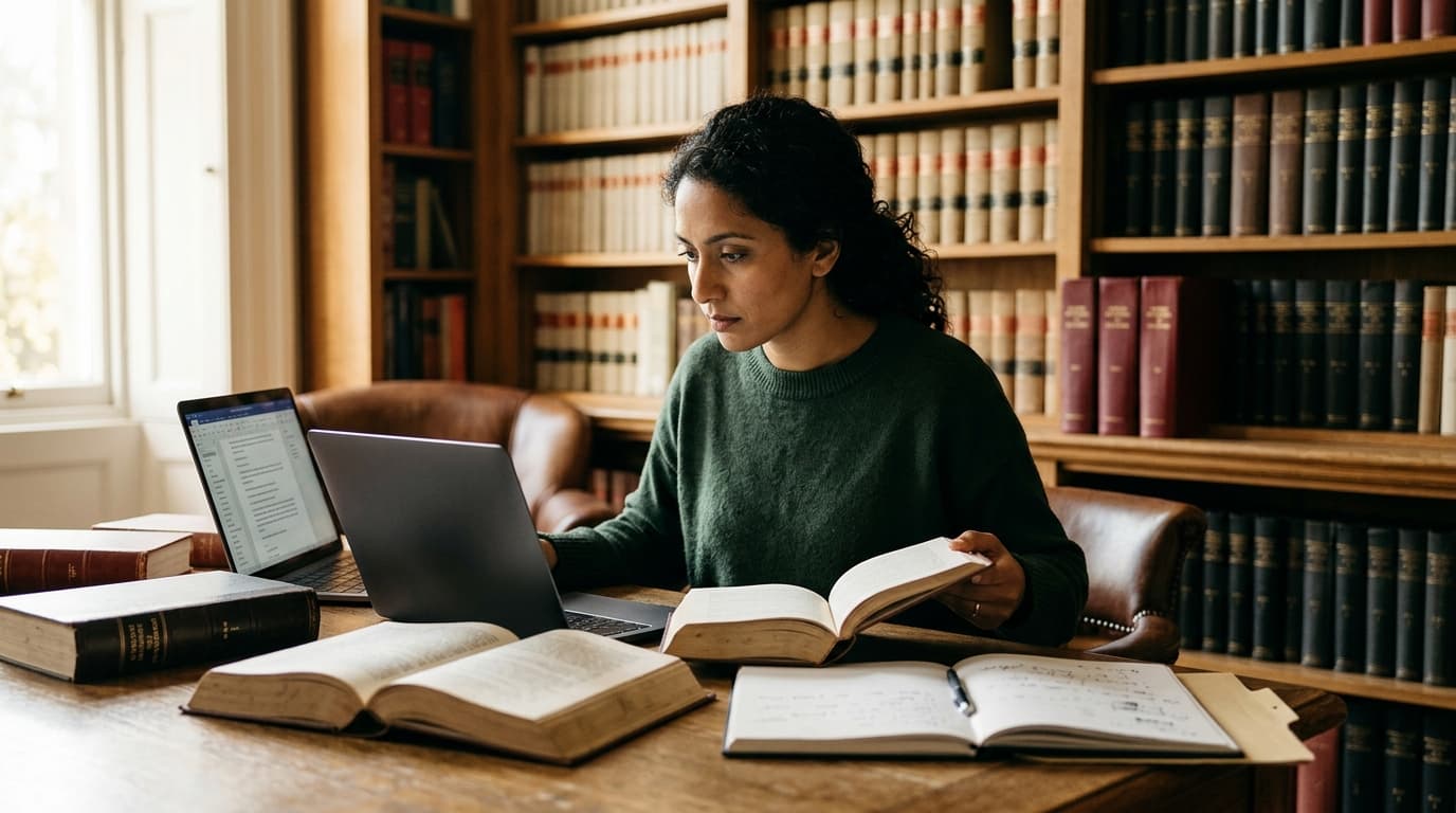 Illustrative legal researcher reading law reports and searching judgments