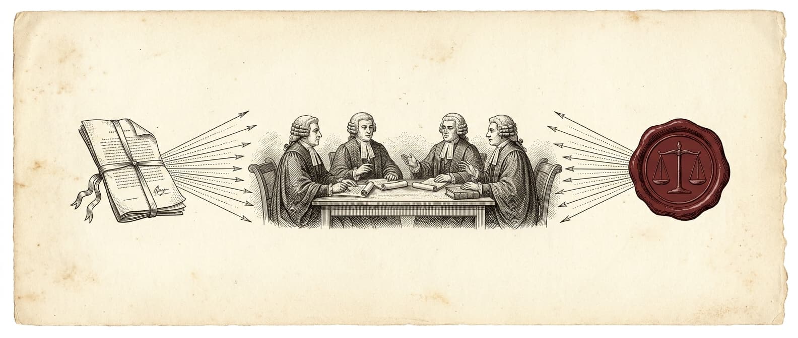 An engraved plate: a panel of counsel in conference, an open instrument to one side and a sealed verdict to the other.