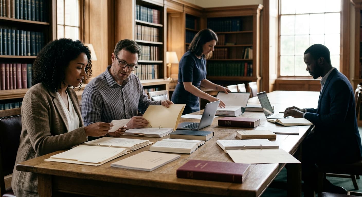 Illustrative team arranging legal playbooks and reference folders