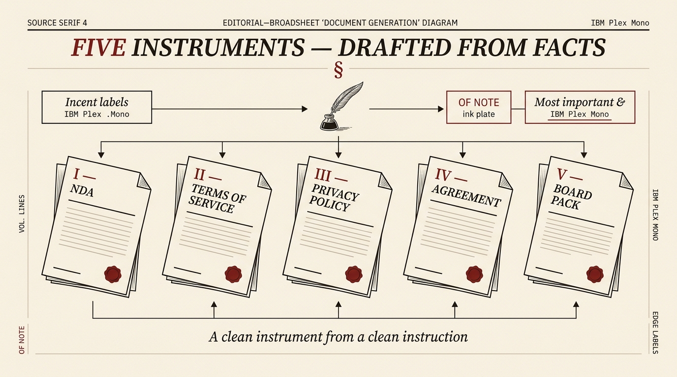 Document generation (broadsheet rebrand) — five instruments drafted from facts