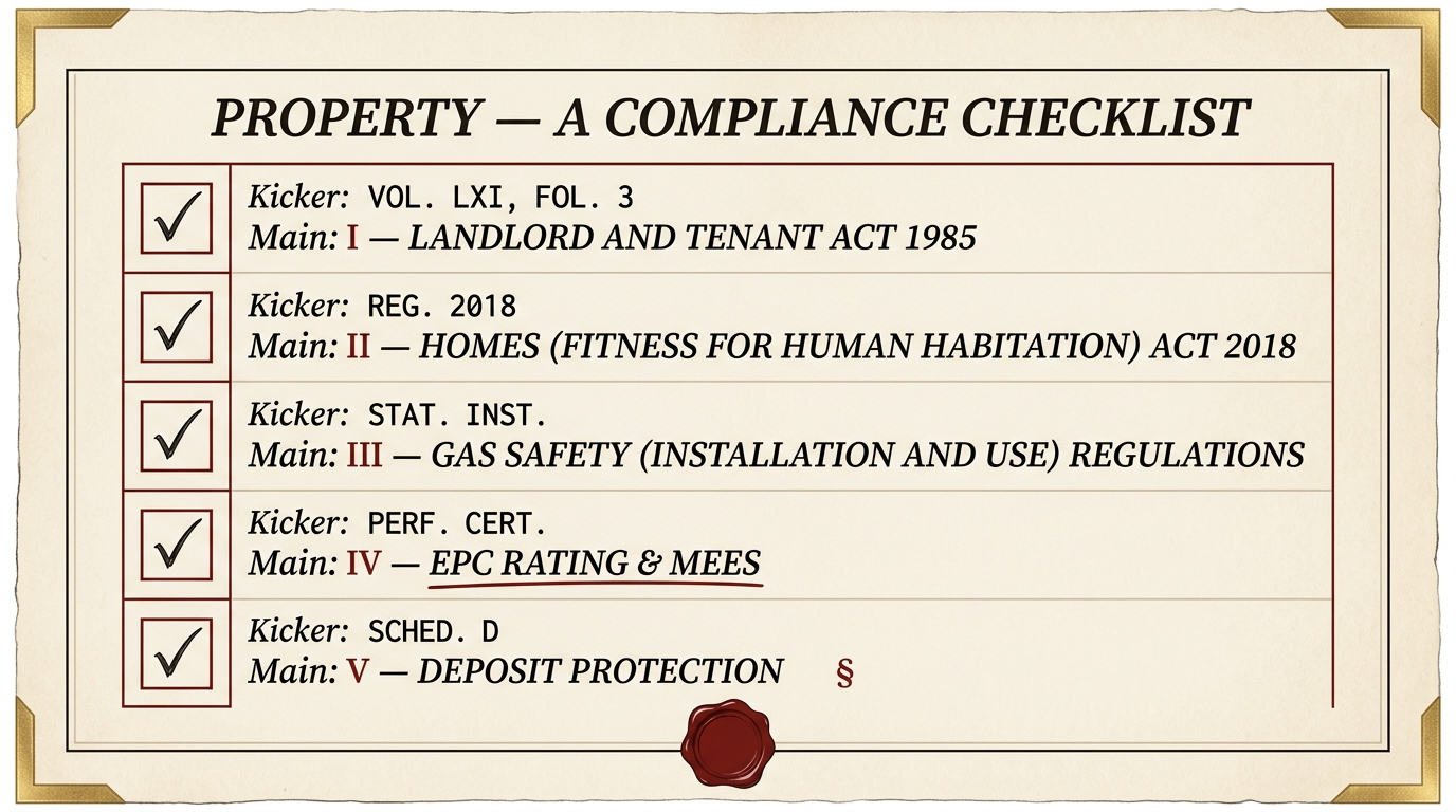 Property compliance checklist (broadsheet rebrand) — five statutory checks